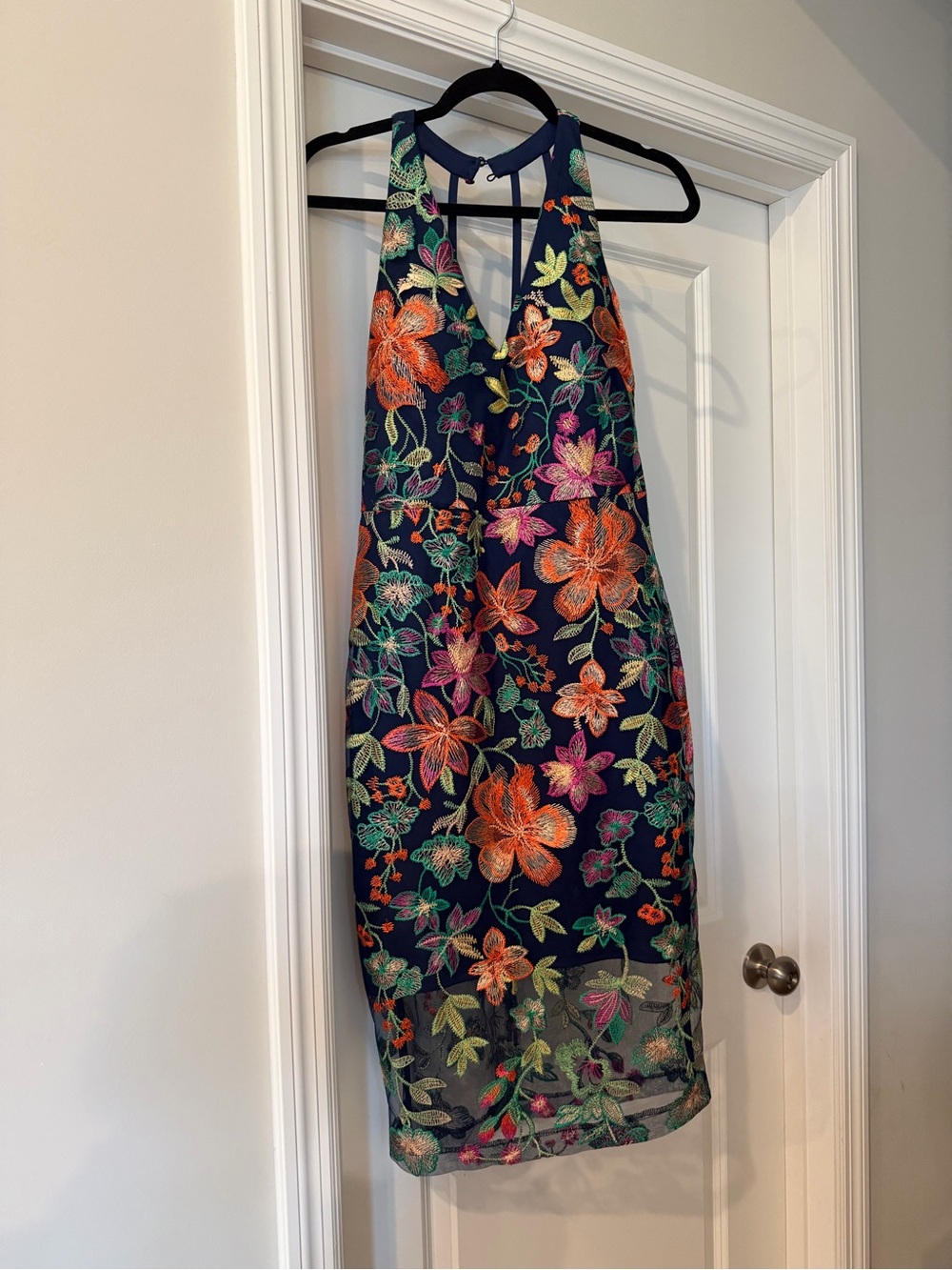 Guess Navy Midi Dress with Multicolor Floral Embroidery